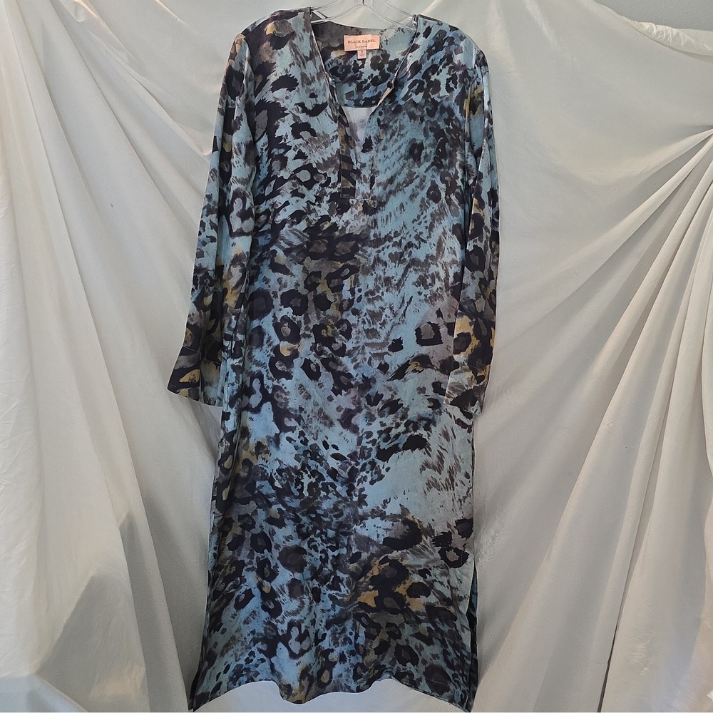 Black Label By Chico's Blue Watercolor Leopard Silk Blend Maxi Dress Size 8